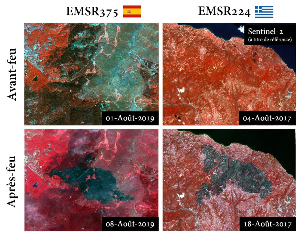 Comparaison des images avant et après l’événement des feux de forêt EMSR375 et EMSR224