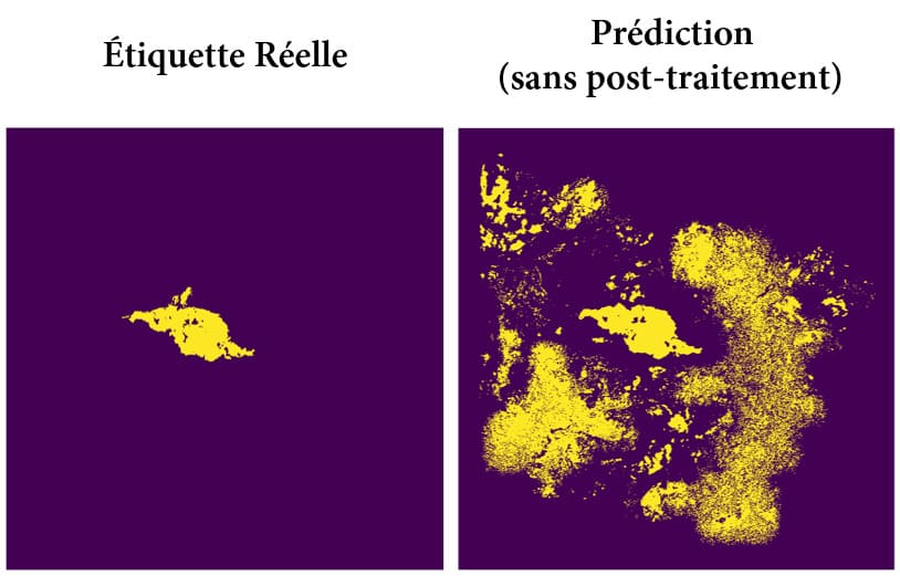 Délimitation fournie par le CEMS et utilisée comme vérité terrain, comparée à la prédiction du modèle sans post-traitement.