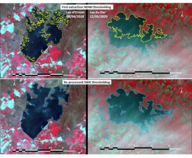 Examples of image re-processing adopting as threshold SWIC=0, to improve the extraction which failed due to NDWI values altered by the presence of cirrus