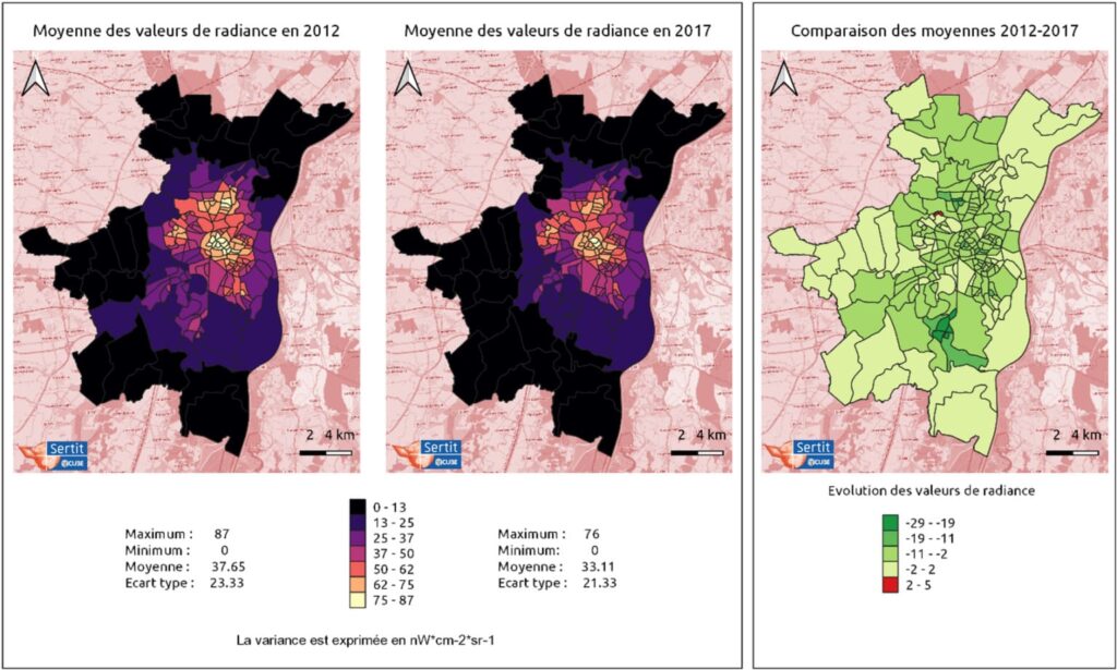 Évolution de la population exposée à la pollution lumineuse entre 2012 et 2017