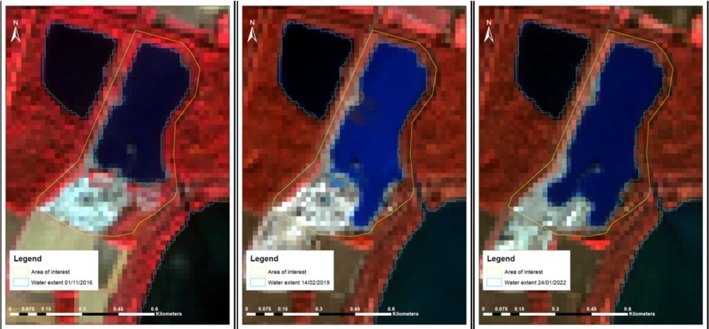 Sentinel-2 images with the water contours extracted by ExtractEO
